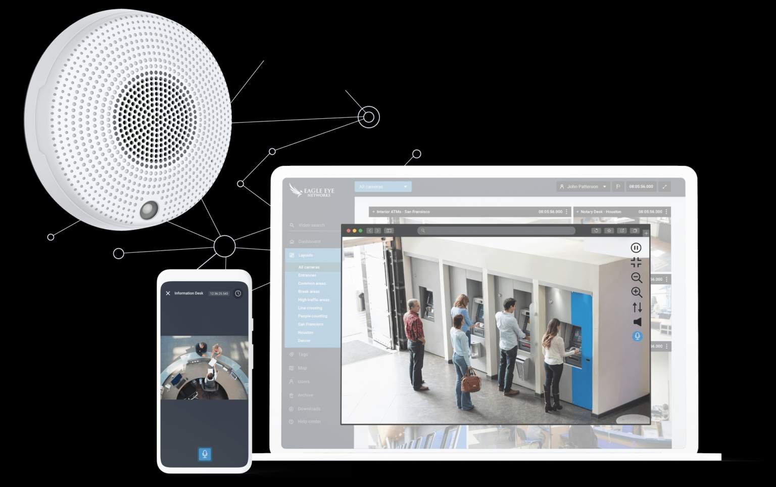 A solução de áudio bidirecional da Eagle Eye inclui acesso móvel, com aplicativo Eagle Eye Viewer em dispositivos móveis e configuração rápida.